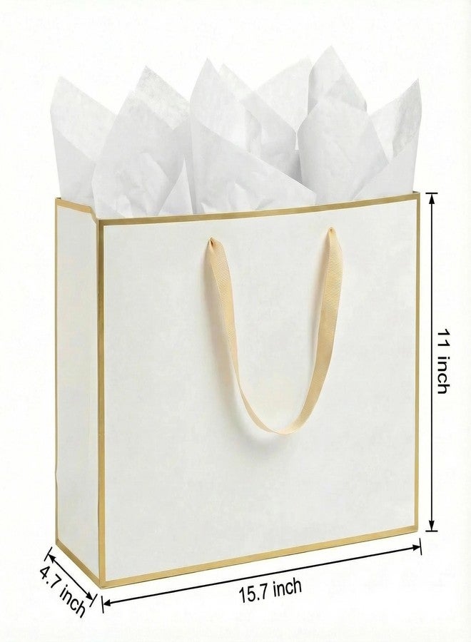 JUNESHE XL Large White and Gold Gift Bags Set of 3, 15.7 inch Paper Bag with Handles Matching Card Envelope Sticker White Tissue Paper for Party Shopping Birthday Wedding Anniversary - Image 2